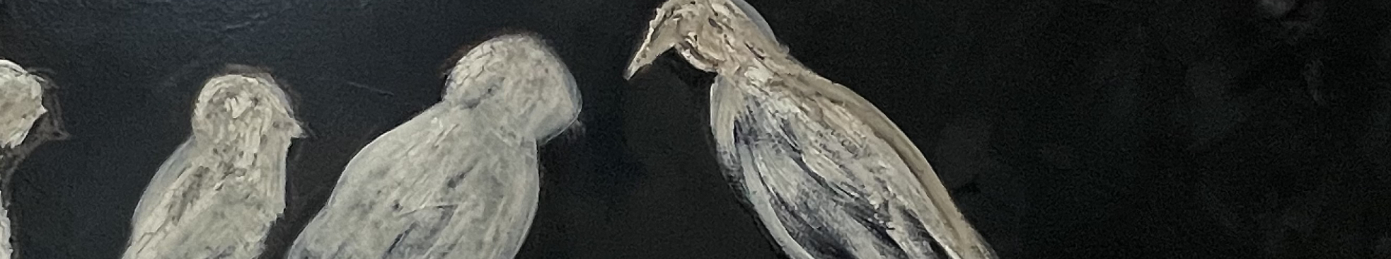 Sylvia Gatz "Edgar Allen - Weiße Raben/White Ravens" Mixed Media, Öl und Acryl auf Leinwand. 80 x 20 cm, 2024